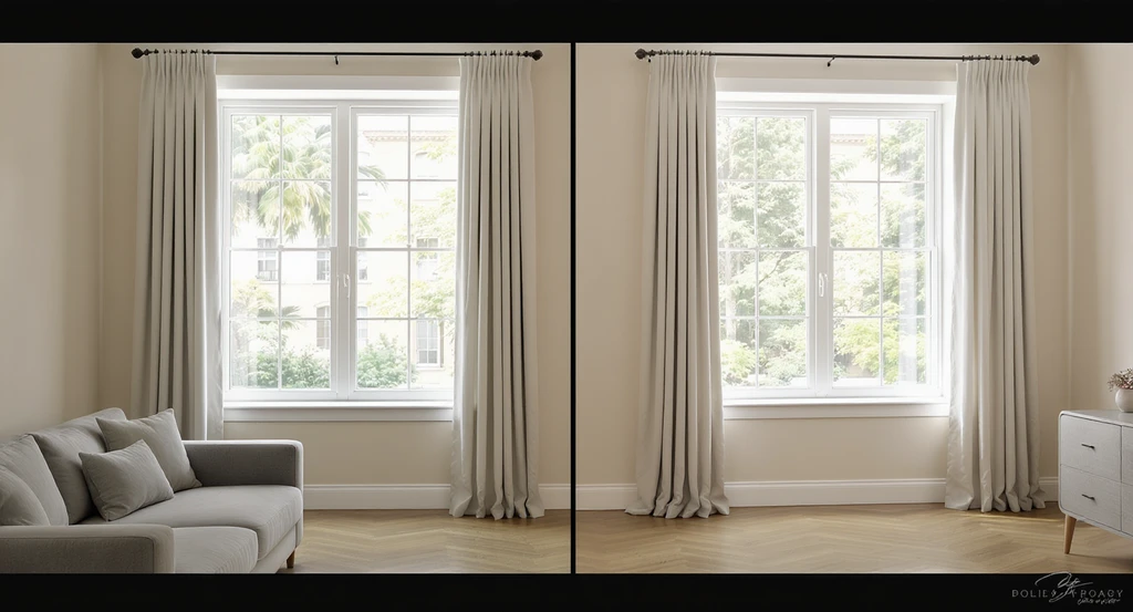 Photorealistic living room showing curtains hung at different heights, demonstrating ai curtain visualization for home design to avoid common curtain mistakes using ai room visualizer for curtain selection.
