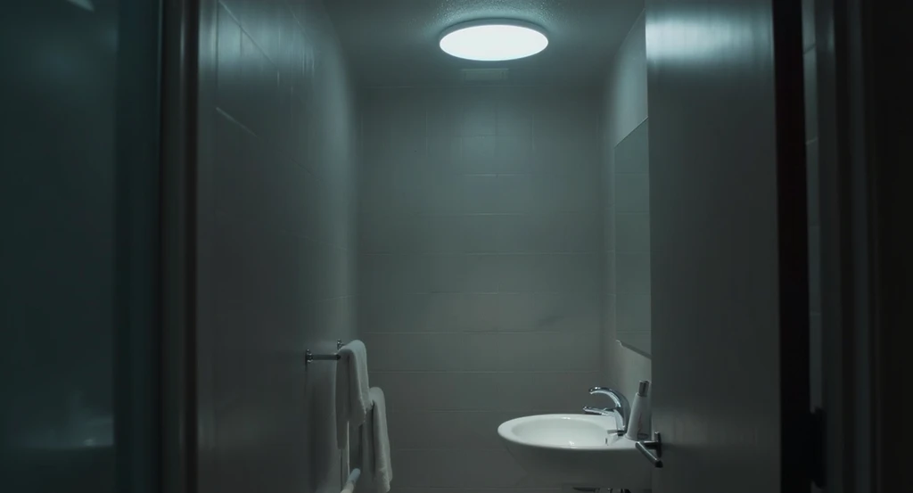 Small modern bathroom lit only by a cold overhead LED bulb, with cool shadows and no wall sconces or vanity lighting, illustrating how to heat an empty bathroom efficiently and layout tips for warmer bathroom spaces.