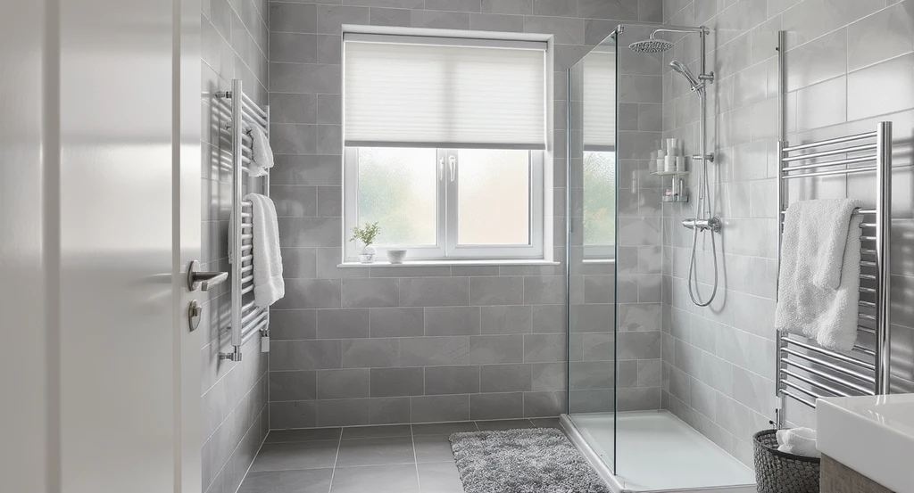 Modern bathroom with wall-mounted convection heater, insulated window blind, draft-sealed door, and heated towel rail, illustrating how to heat an empty bathroom efficiently with the best safe heaters, insulation for windows and doors, and strategic layout for warmer spaces.