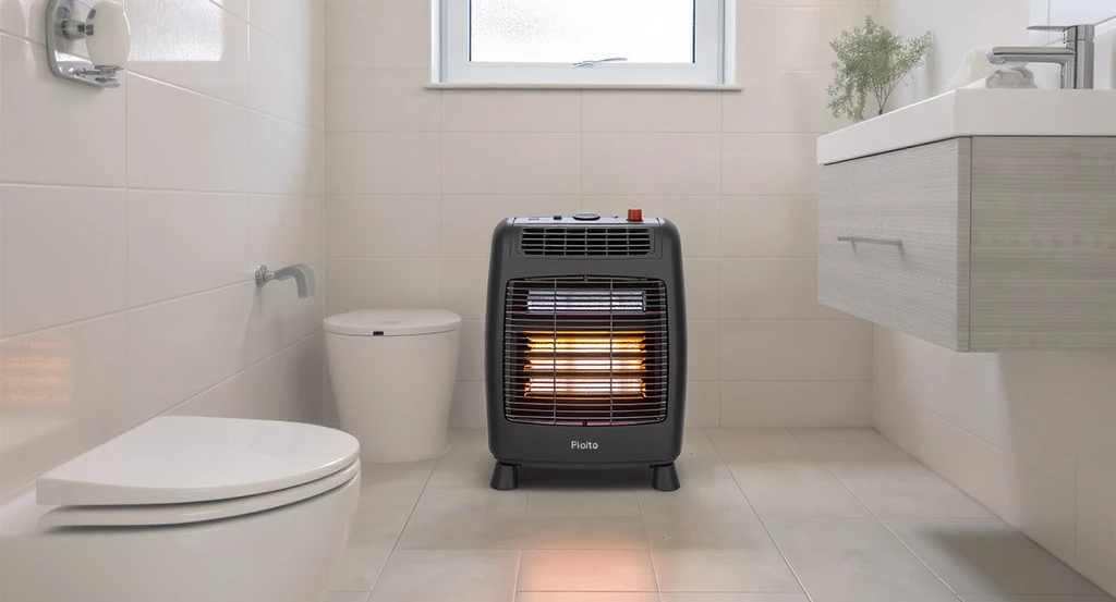 How to heat an empty bathroom efficiently with the best safe heater placement: a portable heater stands three feet from any objects, with drafty window insulated and clear spacing maintained throughout the bathroom layout tips for warmer bathroom spaces.