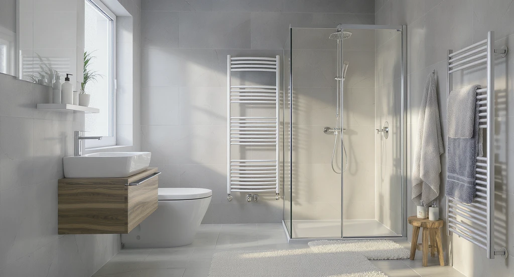 Modern empty bathroom with a wall-mounted safe heater, insulated window, draft stopper on the door, and efficient layout. Demonstrates how to heat an empty bathroom efficiently, best safe heaters, plus insulating drafty bathroom windows and doors.