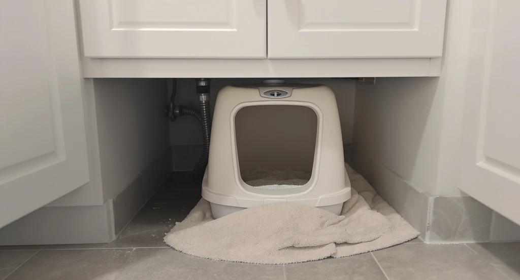Ai home design for pet-friendly spaces shows a small laundry and bathroom displaying poor litter box setups—ai generated small space cat solutions for multi-pet homes highlight common integration mistakes using realistic ai visualization tools.