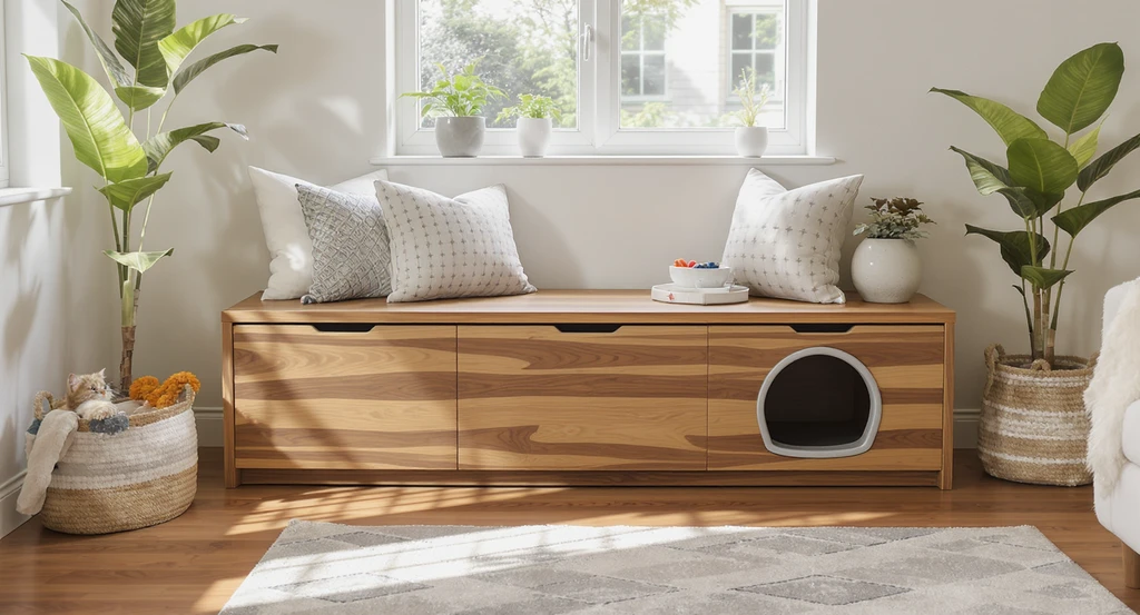 Photorealistic ai home design for pet-friendly spaces, showing ai generated small space cat solutions like a concealed litter box nook integrated in a modern living room.