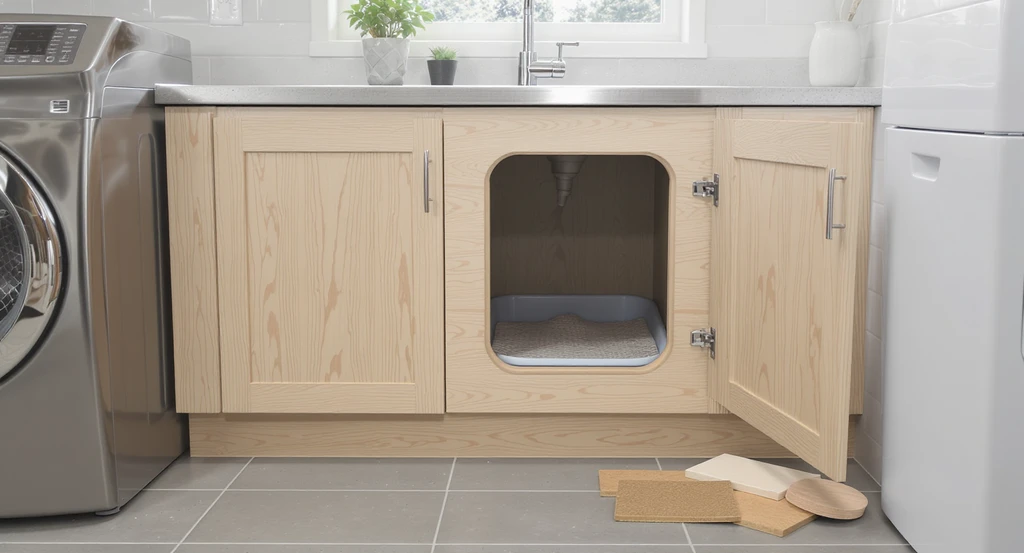 Ai home design for pet-friendly spaces with an under-sink plywood litter box, sealed seams, washable tray, and melamine versus MDF comparison, showing ai generated small space cat solutions using best ai renovation tools for multi-pet homes.