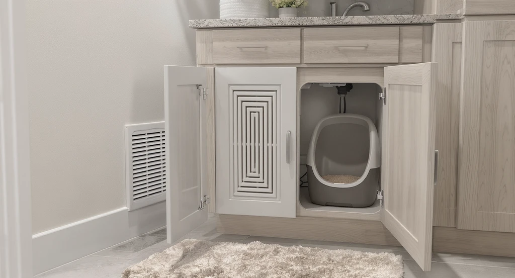 Realistic ai home design for pet-friendly spaces showing a small space cat litter box enclosure with vent slats and a low-noise fan for proper odor management, created using ai generated small space cat solutions and best ai renovation tools for multi-pet homes.