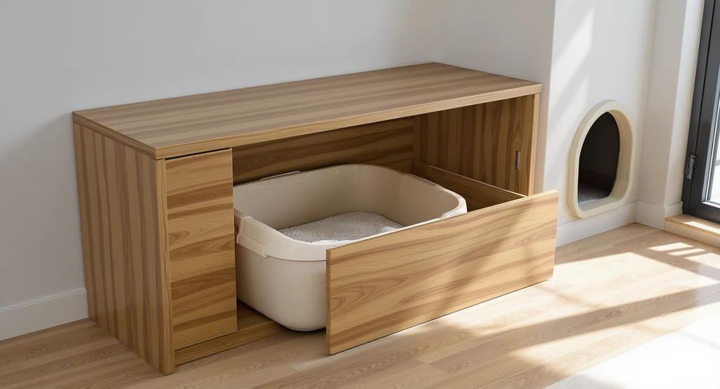 Urban home interior with a large open-top cat litter box inside a side-entry bench and an accessible utility nook, optimized for ai home design for pet-friendly spaces, ai generated small space cat solutions, how to visualize pet nooks using ai, best ai renovation tools for multi-pet homes.