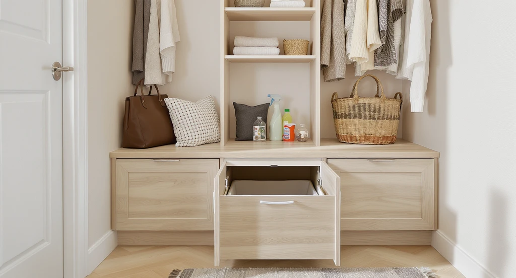 Ultra-realistic ai home design for pet-friendly spaces: a small mudroom with ai generated small space cat solutions showing a bench with hidden litter box, tilt-out cabinet, and open shelves, visualized using best ai renovation tools for multi-pet homes.