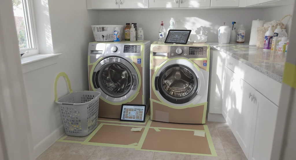 Realistic ai home design setup for pet-friendly spaces: painter's tape and cardboard mock-up mark a litter box spot in a laundry room, with a tablet showing ai generated small space cat solutions and how to visualize pet nooks using ai for best ai renovation tools for multi-pet homes.