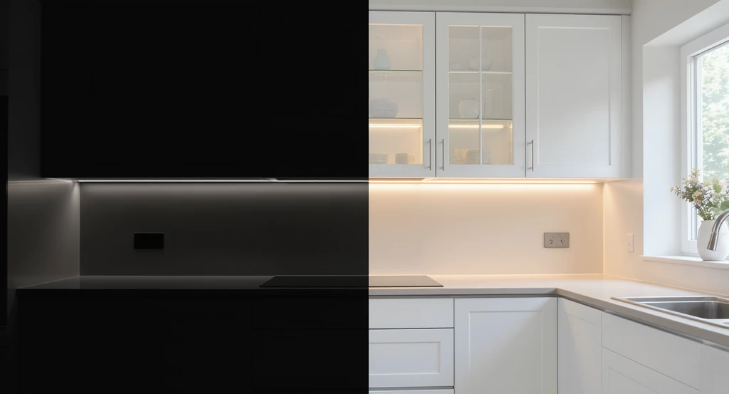 AI kitchen design for full-height cabinets illustrating common mistakes with ceiling height cabinets—dimly lit workspace due to shadowing, contrasted by bright, well-lit countertops enhanced using under-cabinet LED lighting as visualized with ai tools for better kitchen renovation planning.