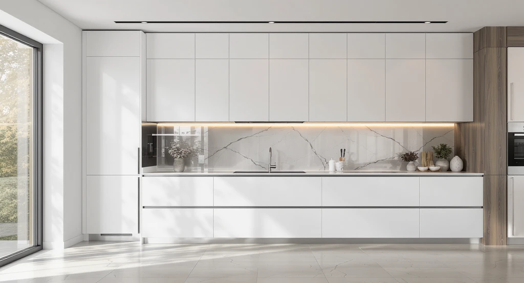 Photorealistic kitchen featuring full-height cabinets beside standard-height units, with an AI kitchen design screen displaying cabinet layout visualizations. AI tools help visualize kitchen cabinet mistakes and improve full-height cabinet planning.