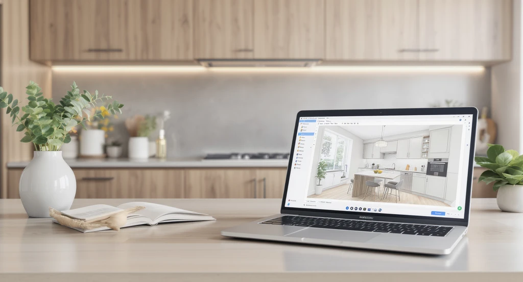 Modern kitchen with full-height cabinets reaching the ceiling, showing common mistakes and an open laptop visualizing kitchen cabinet layouts with AI tools.