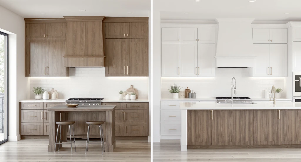 Photorealistic comparison of full-height kitchen cabinets at different ceiling heights, showing how ai kitchen design for full-height cabinets and visualizing kitchen cabinet layouts with ai helps avoid common mistakes with ceiling height cabinets and improve kitchen renovation planning.