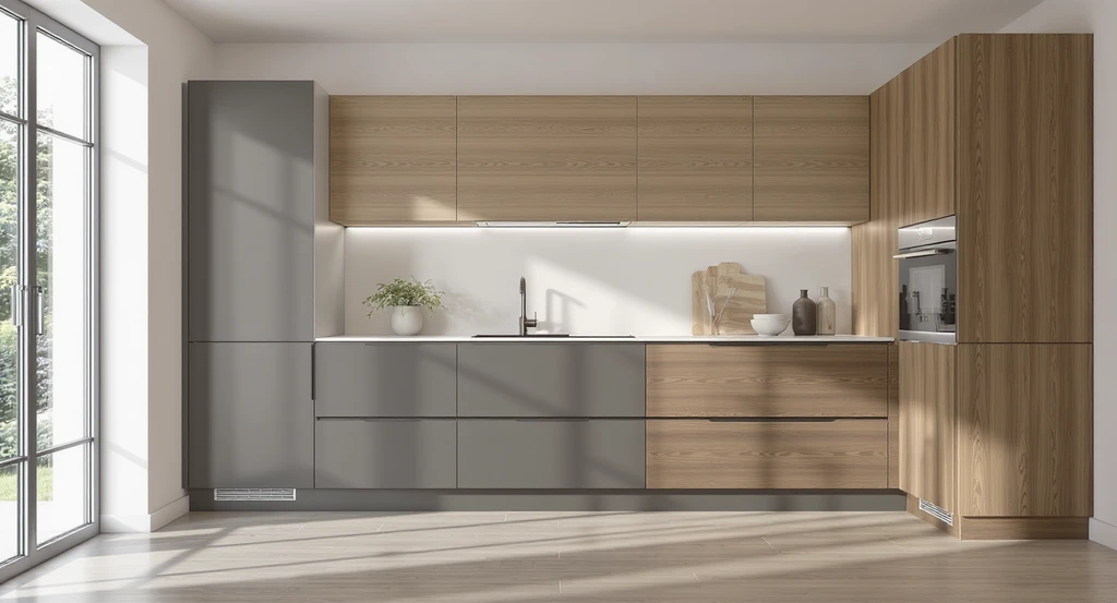 AI kitchen design tool visualizing full-height kitchen cabinets in varied tones; clear contrast with floors and counters highlights common layout mistakes.