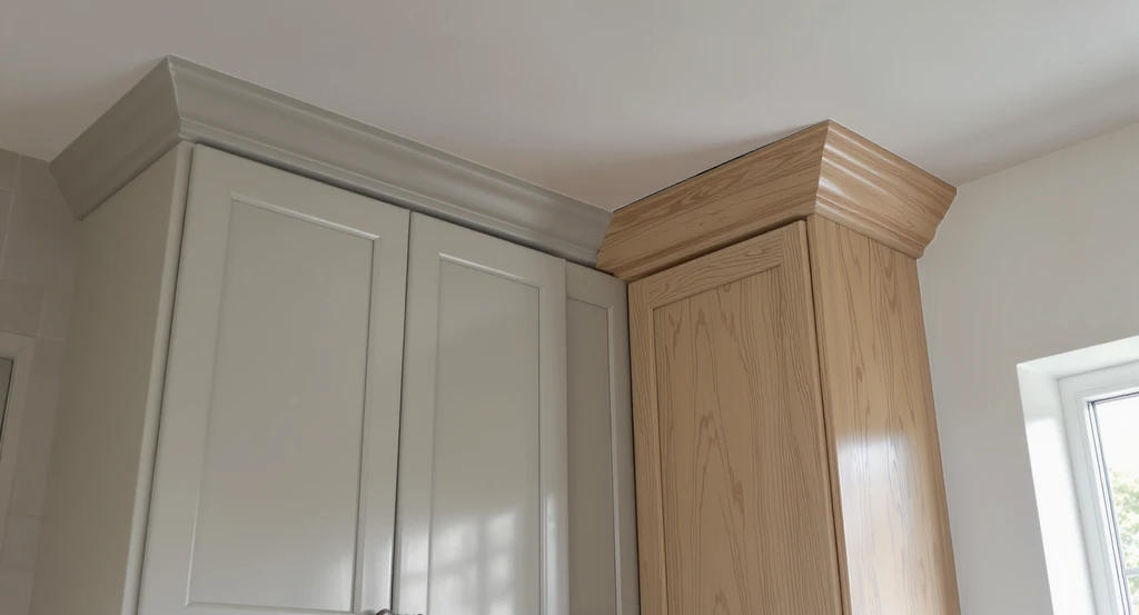 Full-height kitchen cabinets meeting an uneven ceiling, showing visible gaps and a seamless fit with scribed trim, visualizing kitchen cabinet layouts with AI tools and common mistakes with ceiling height cabinets in ai kitchen design.