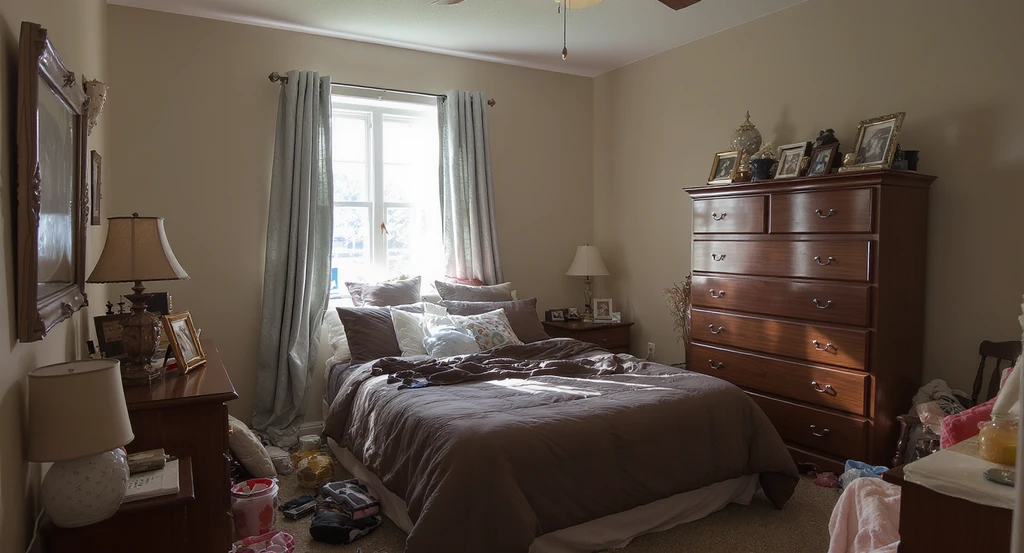 Photorealistic small bedroom shows common furniture mistakes—a large bed, bulky nightstands, and dresser limiting space—for visualizing effective layouts with aphantasia and planning small bedroom furniture without visualization tools.