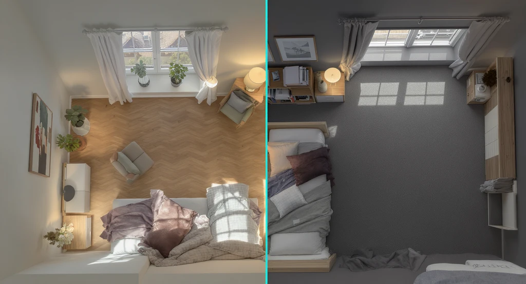 Photorealistic split-view of a small bedroom layout, showing common furniture placement mistakes on one side and correct, step-by-step strategies for visualizing small bedroom furniture arrangement with aphantasia on the other side. Visibly clear bed and nightstand clearance, use of vertical storage, balanced furniture color, and unobstructed doors and windows aid non-visual thinkers in planning an optimized bedroom.