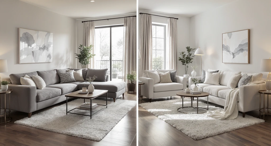 Spacious family room showing a side-by-side comparison of a sectional vs two sofas, highlighting how to choose sofa layout and best seating arrangement for families.