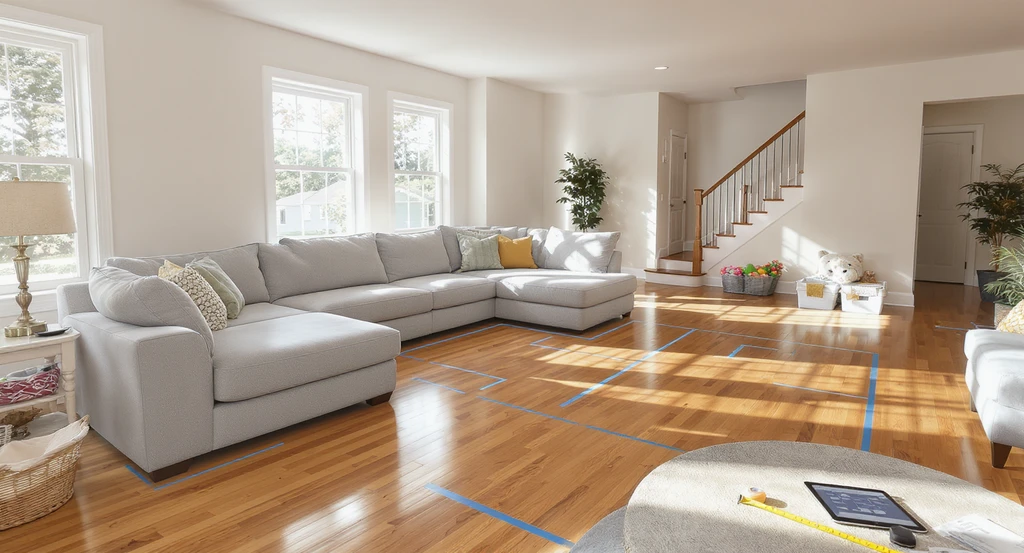 Family room with painter’s tape marking sectional and two sofa layouts on hardwood floor, windows, toy storage bins, and digital layout tool, visualizing sectional vs two sofas family room and best seating arrangement for families.