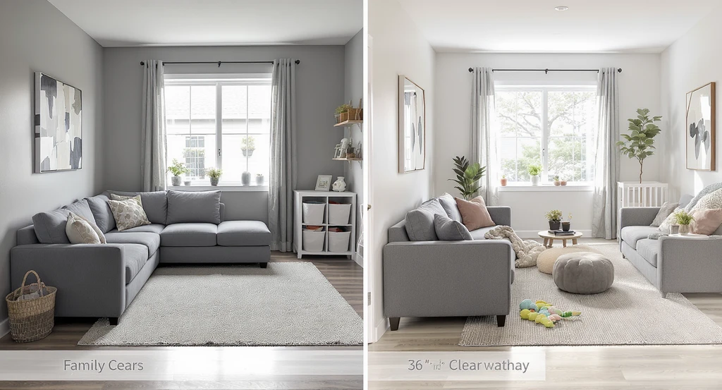 Sectional vs two sofas family room setup showing how to choose sofa layout and seating arrangement. See if a sectional will fit your space with clear walkways, light, and access to play zones, illustrating why furniture looks different at home.