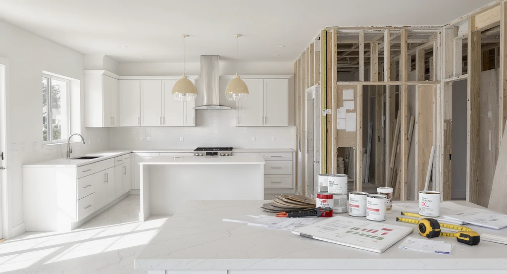 Open-concept home interior in 2026 showing a partially renovated kitchen and living space, with modern fixtures on one side and ongoing DIY renovations on the other, illustrating phased renovation strategies for homeowners considering how to afford home renovations in 2026 and avoid remodel regret with smart planning.