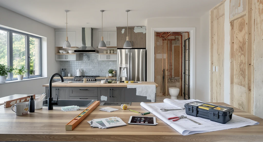 Modern home interior in 2026 mid-renovation, showing phased kitchen and bathroom upgrades, smart planning tools, and diy materials, illustrating how to afford home renovations in 2026 and avoid remodel regret.
