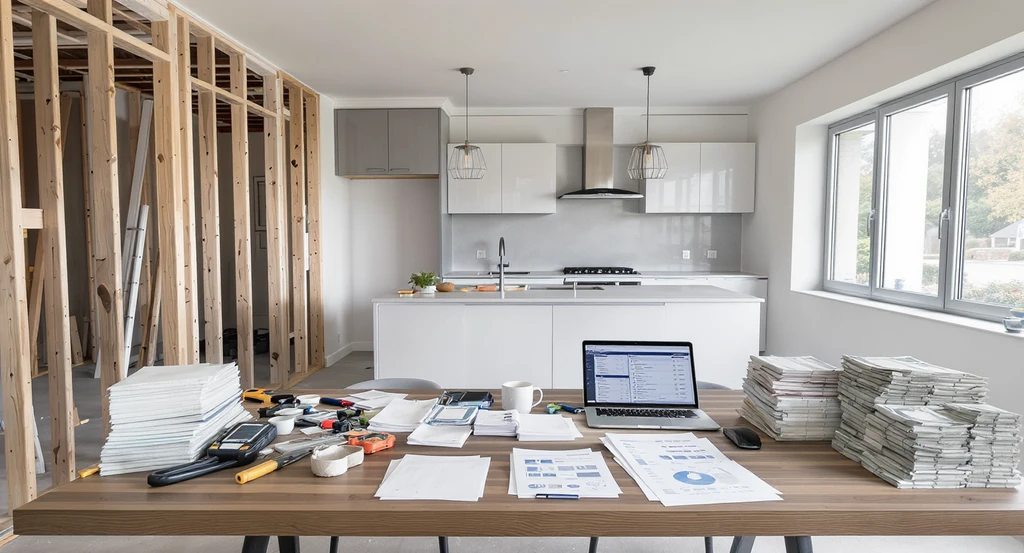 Editorial-quality, photorealistic home interior showing a partially renovated kitchen with tools, renovation cost spreadsheets, and budget planning software, illustrating how to afford home renovations in 2026, avoiding renovation regret, phased renovation strategies for homeowners, and creating a renovation cost buffer plan.