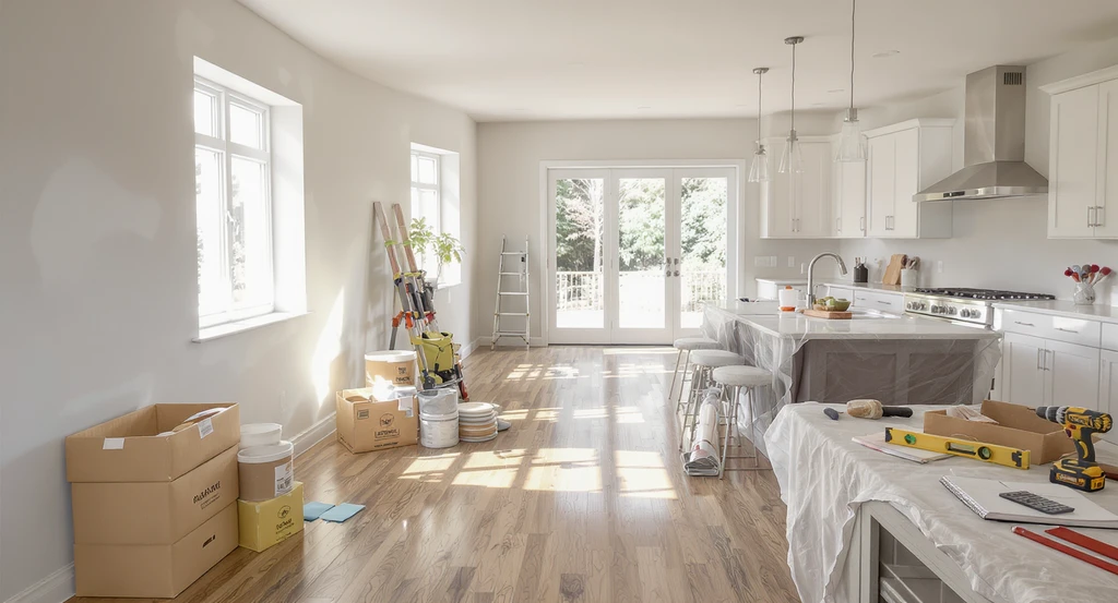 Open-plan living space mid-renovation with tools, budgeting materials, and phased renovation setup—how to afford home renovations 2026, avoiding renovation regret.