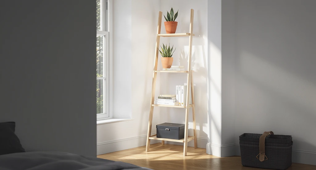 How to style an empty bedroom corner using vertical storage solutions such as a slim ladder shelf for the best ideas in small bedroom design.