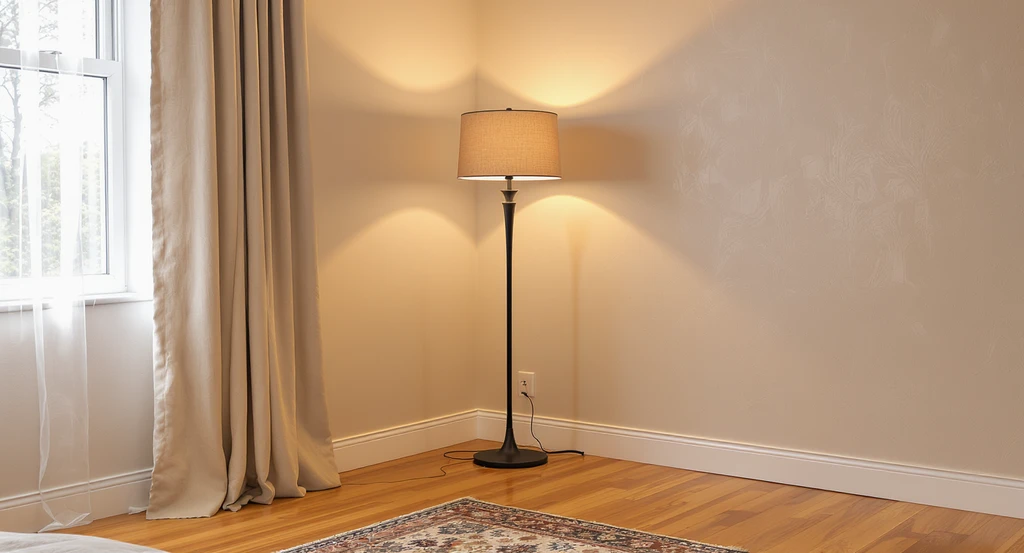 How to style an empty bedroom corner by allocating lighting—a modern floor lamp with warm glow adds depth and balances layout in bedroom design.