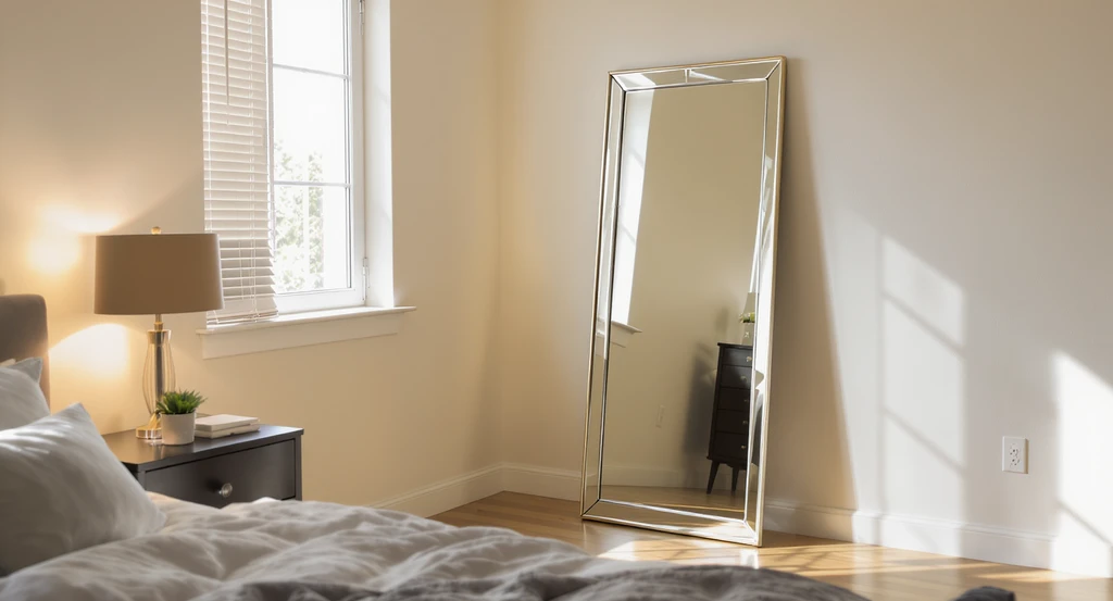 How to style an empty bedroom corner with a tall leaning mirror to maximize natural light, add perceived space, and balance bedroom layout.