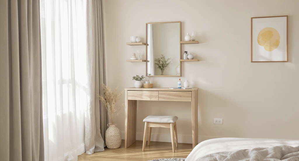 Photorealistic image of a compact corner vanity in a modern bedroom, displaying best ideas for awkward bedroom corners with vertical storage solutions for small bedrooms, emphasizing how to style an empty bedroom corner and balance layout in bedroom design.