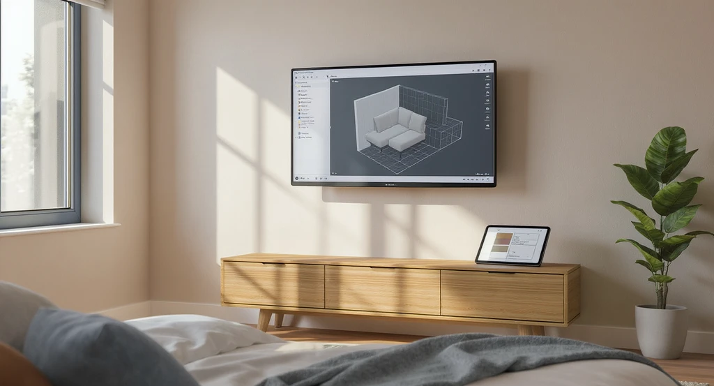 Modern bedroom corner with digital visualization tools previewing empty space and design options, demonstrating how to style an empty bedroom corner and best ideas for awkward bedroom corners, with focus on realistic balance, layout, and light flow.