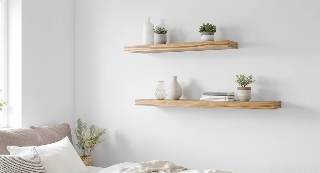 Floating shelves in a bright, empty bedroom corner provide vertical storage solutions for small bedrooms, showing best ideas for awkward bedroom corners and how to style an empty bedroom corner by balancing layout and visual flow.