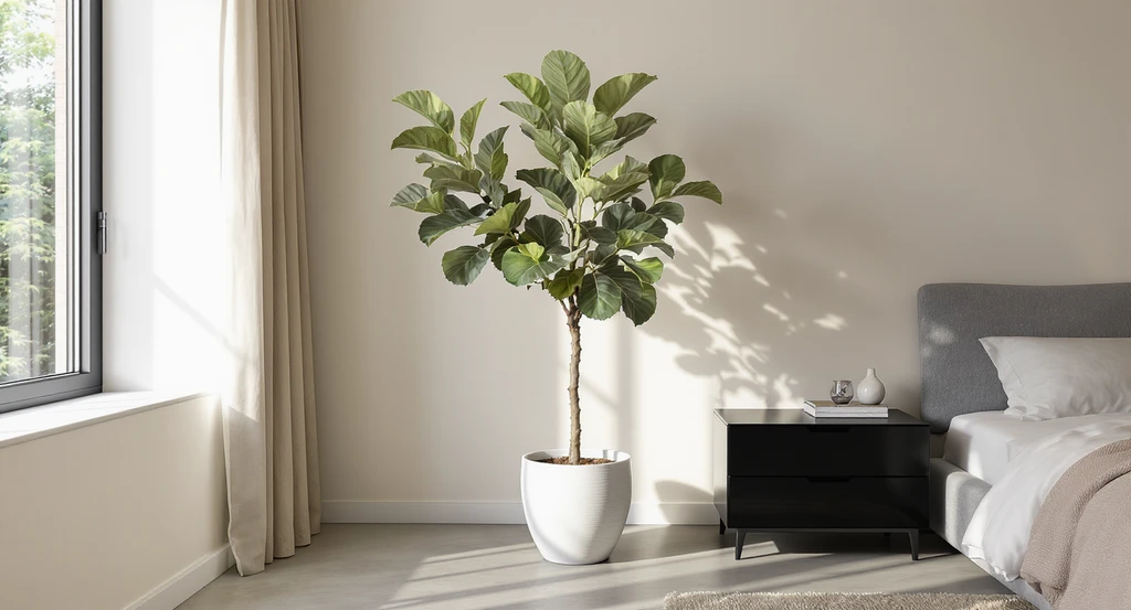 How to style an empty bedroom corner with a tall fiddle leaf fig plant for the best layout and visual flow in small or awkward rooms.