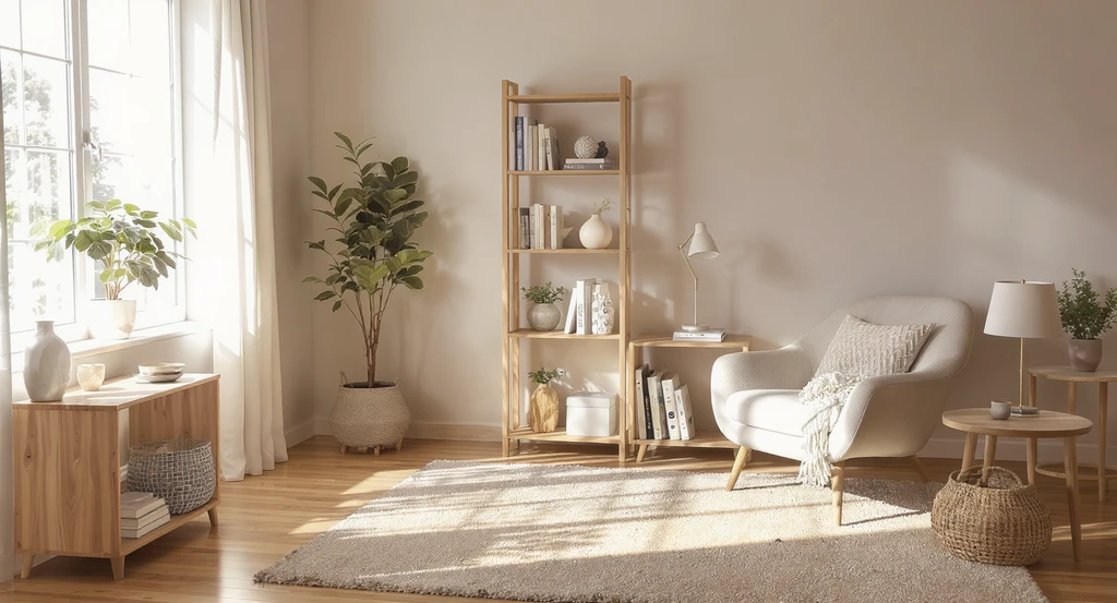 Ultra-realistic photo of how to style an empty bedroom corner with open vertical storage, an accent chair, and layered textures, showcasing the best ideas for awkward bedroom corners and balancing layout in modern design.