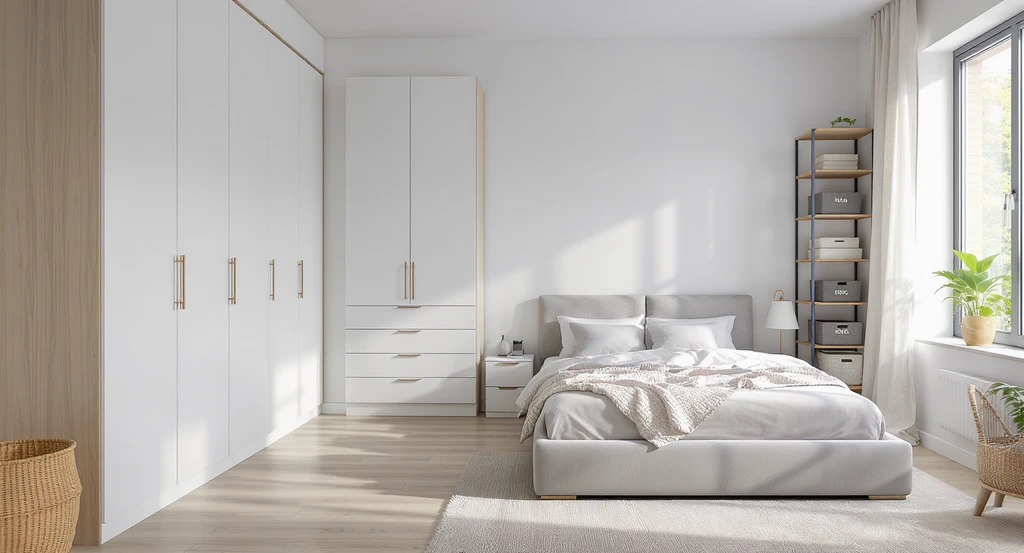 How to furnish an empty apartment step by step with smart storage installed first: wardrobes, dresser, bed with drawers, ottoman, and vertical shelving.