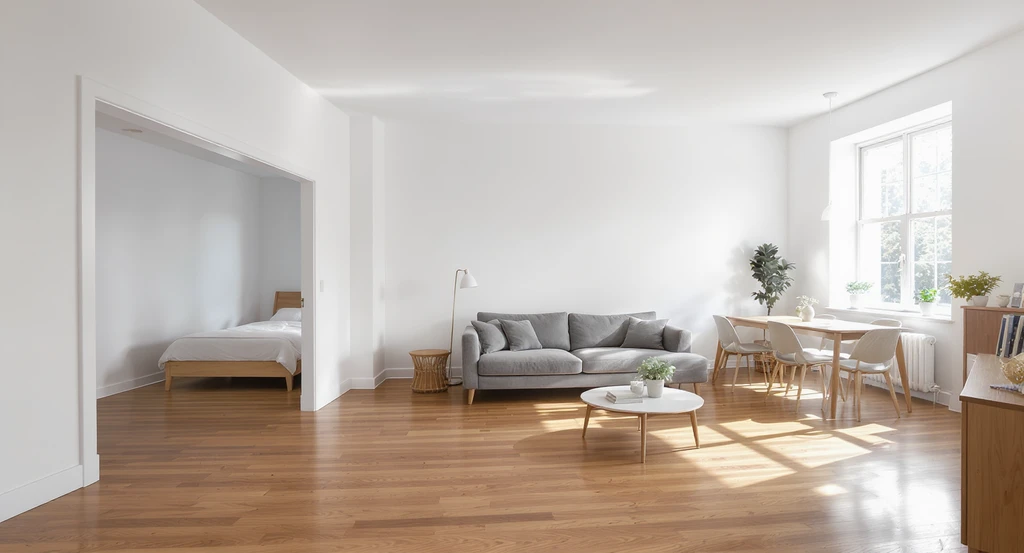 Step-by-step how to furnish an empty apartment: photo shows blank living room with only anchor furniture pieces—bed, sofa, dining table—arranged for best layout and flow.