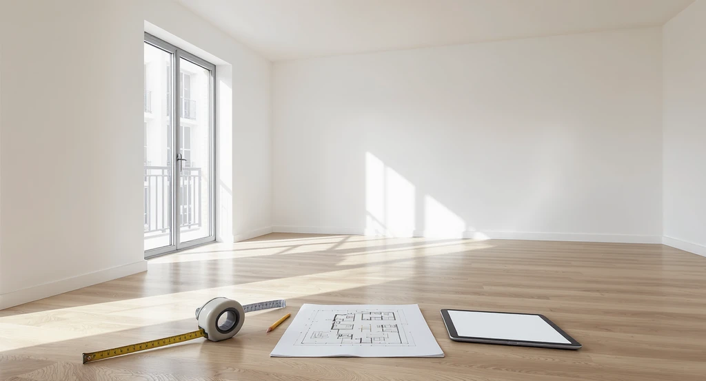 Empty apartment living room with bare white walls, wood floors, floor plan sketch, measuring tape, and a tablet, showing step-by-step how to furnish an empty apartment and furnishing ideas for blank living rooms.