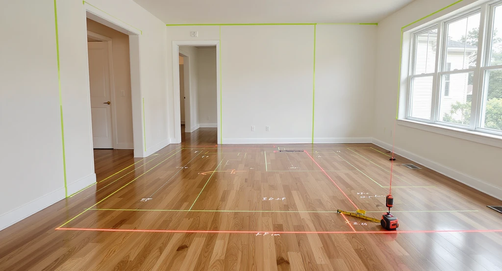 Empty living room with tape measure, laser measurer, green tape marking walkways, and door swing, showing how to furnish an empty apartment step by step.