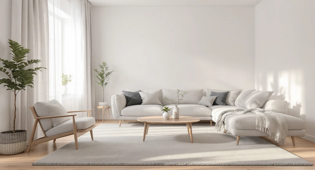 How to furnish an empty apartment step by step: A blank living room with area rug, curtains, upholstered sofa, and bedding creates a warm, quiet space.