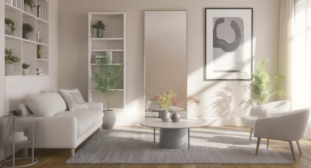 Modern apartment living room with tall shelves, large wall mirror, and framed art showing how to furnish an empty apartment step by step and use wall space for storage.
