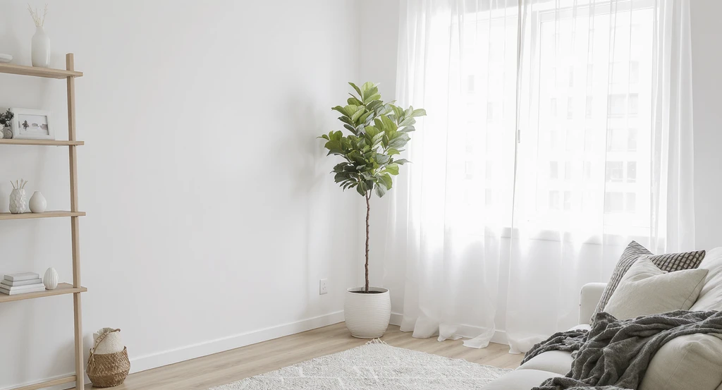 How to style indoor plants in small living rooms: a tall, slim plant decorates an empty living room corner, creating space and vertical interest.