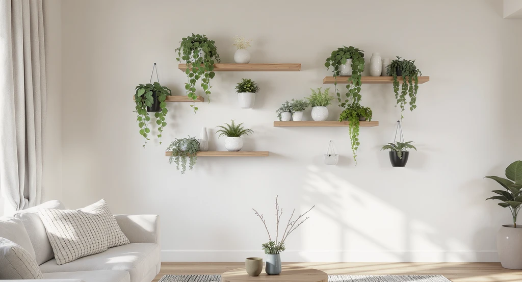 Vertical plant styling ideas for open-plan homes: floating shelves and wall planters with trailing and compact indoor plants above a clear floor, illustrating how to style indoor plants in small living rooms and furnish a small apartment with greenery.