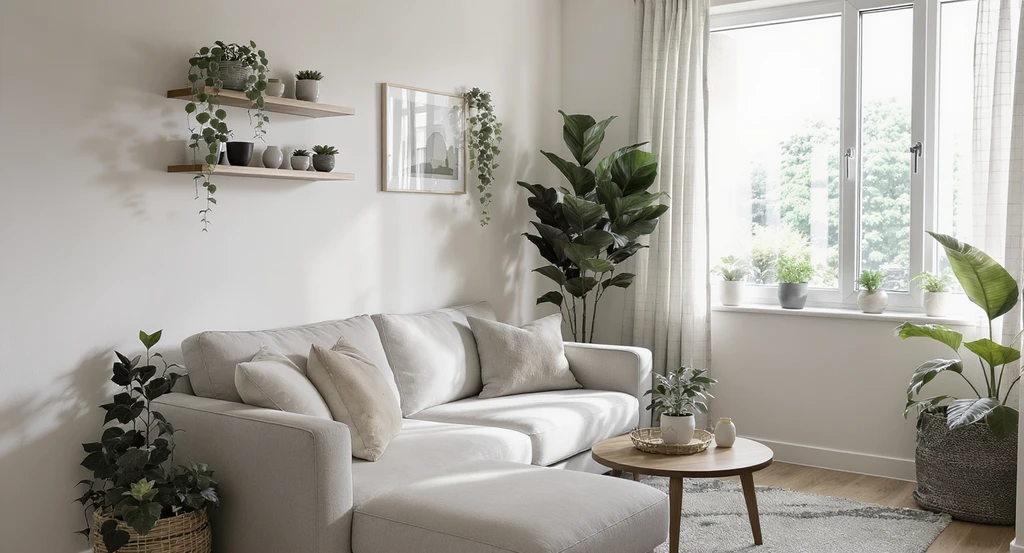 How to style indoor plants in small living rooms: modern space with vertical plant displays and greenery enhancing empty living room corners, showcasing best indoor plants and clever ways to furnish a small apartment with greenery.