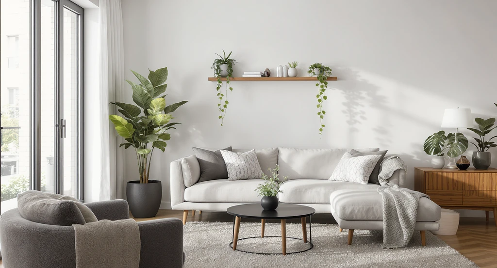 Photorealistic small living room showing how to style indoor plants in small spaces, with greenery placed in corners and on shelves to maximize space.