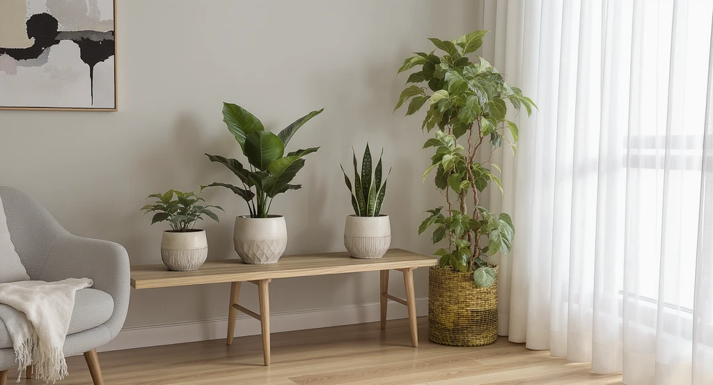 How to style indoor plants in small living rooms by grouping 2–3 plant species in coordinated planters in an uncluttered modern space with open sightlines.
