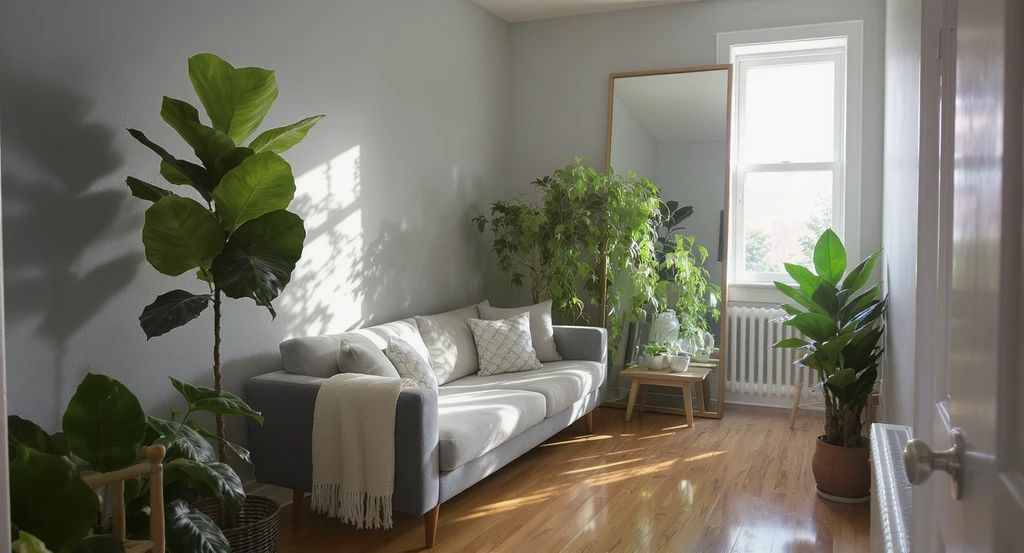 Bright small living room with a mirror reflecting grouped indoor plants, illustrating how to style indoor plants in small living rooms for space and light.