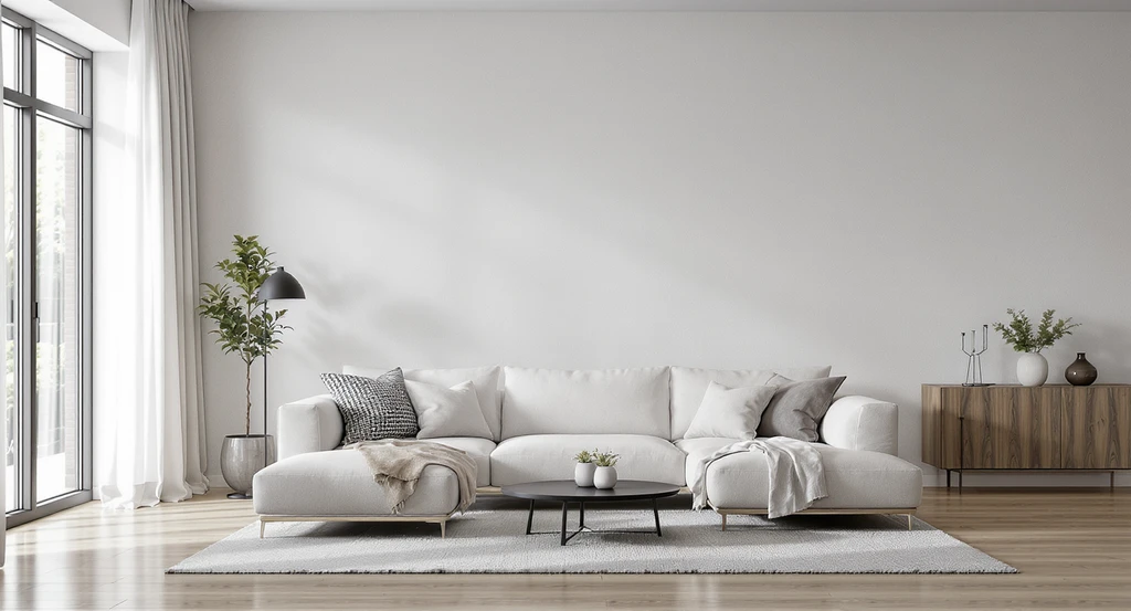 Modern living room with a large blank wall, styled sofa, and minimal decor, illustrating decorating large blank walls at home with unique wall plate decor ideas and creative alternatives to traditional wall art.