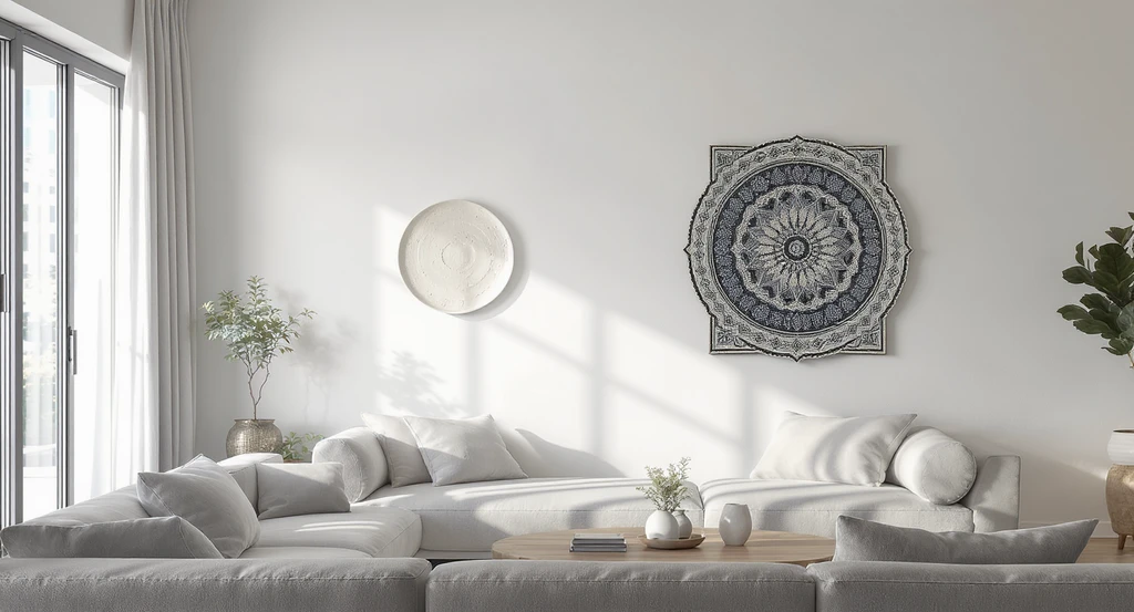 A minimalist living room with a large blank wall decorated by two unique sculptural wall plates—one ceramic, one Kalamkari textile—showing how to add personality and depth to empty spaces through creative alternatives to traditional wall art.
