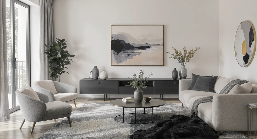 Modern living room with a large empty wall, neutral palette, minimal furniture, and subtle textural accents, illustrating how blank walls disrupt the cohesive flow when decorating large spaces.